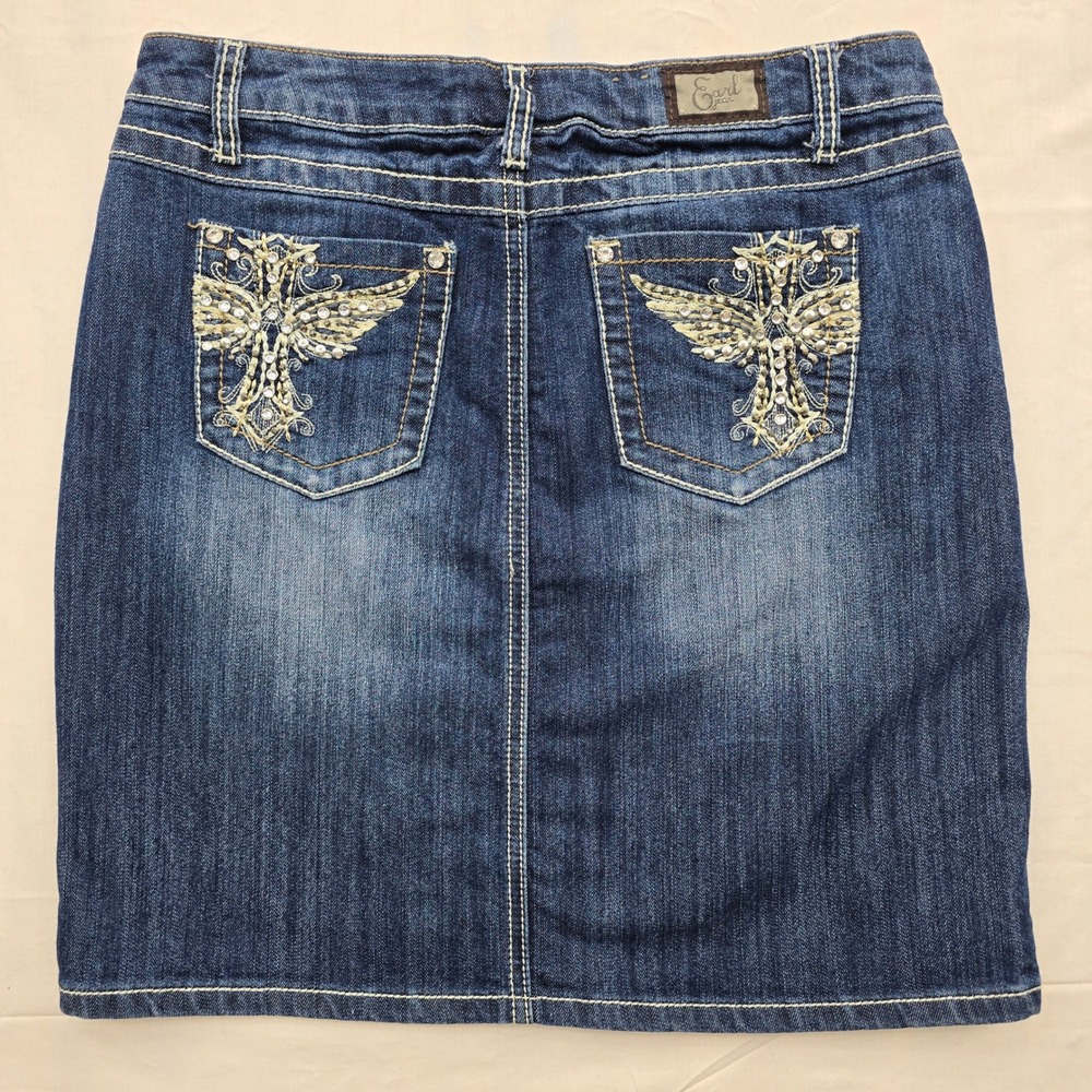 Earl Jean Women Dark Wash Denim Mini Skirt Cross Wing Rhinestone Size 10 Y2K